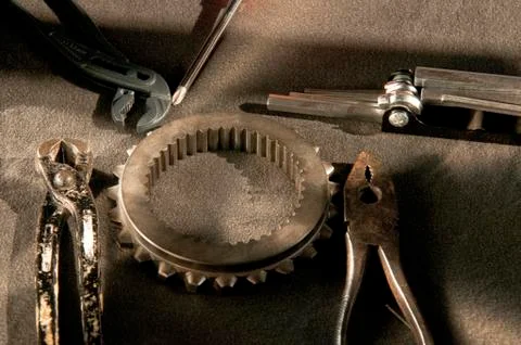 Instruments and tools for working on mechanical parts Stock Photos