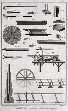 Instruments used in the process of salt extraction. Etching by Bnard after .. Stock Illustration