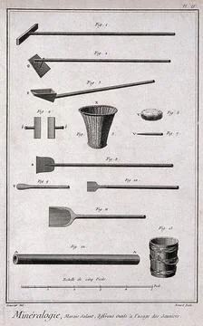 Instruments used in the process of salt extraction. Etching by Bnard after .. Stock Illustration