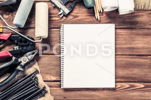 Instruments on wooden table Stock Photos