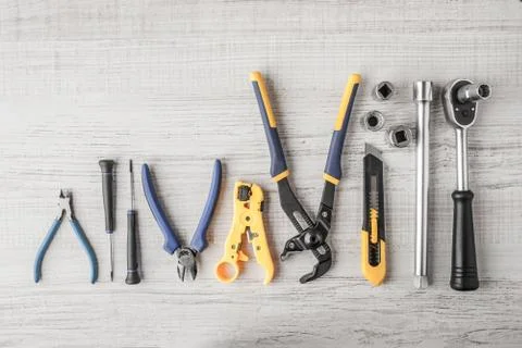 Instruments working on a wooden table Stock Photos