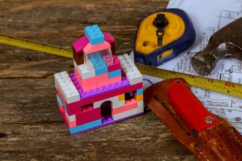 Instruments on the worktable engineer working table plan and blueprint at bui Foto stock