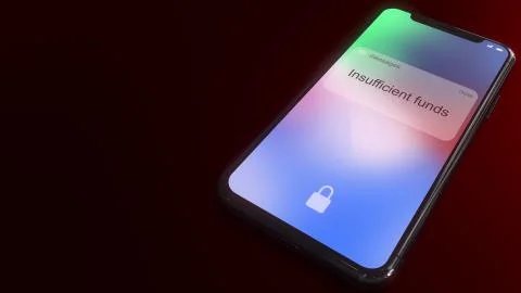 Insufficient funds pops up on the screen of a modern smartphone. Conceptual 3D Illustrazione stock