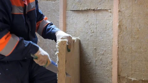 Insulation of a frame house with mineral wool. Cutting, fitting, laying 動画素材 306693945