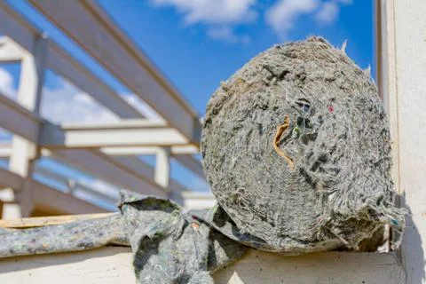 Insulation, sheet of mineral material packed in scroll, wool 스톡 사진