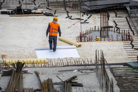 Insulation worker and process of hydro insulation Stock Photos