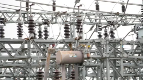 Insulators attached over electric pillars at power station Vídeo Stock 147859824