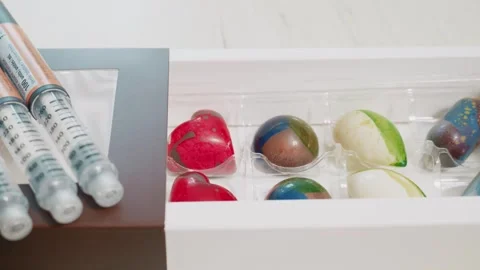 Insulin injection pens next to luxury chocolate bonbons Stock Footage 340254512