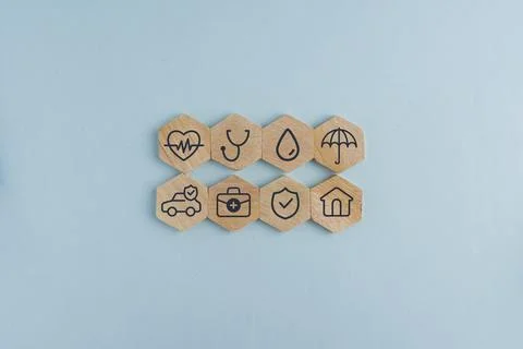 Insurance, building blocks and security by background with icon for assets,.. Stock Photos