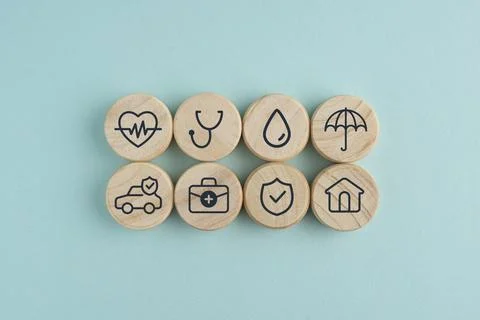 Insurance, building blocks and security by background with icon for assets,.. Stock Photos