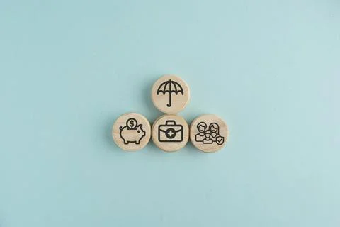 Insurance, building blocks and security by background with icon for assets,.. Stock Photos