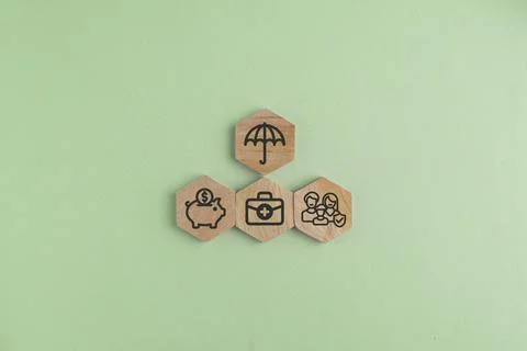 Insurance, building blocks and security by background with icon for assets,.. Stock Photos