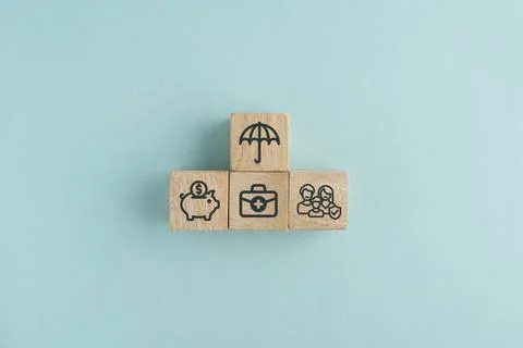 Insurance, building blocks and security by background with icon for assets,.. Stock Photos