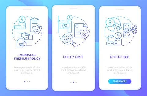 Insurance components blue gradient onboarding mobile app screen Stock Illustration