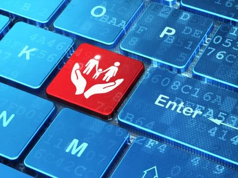 Insurance concept: Family And Palm on computer keyboard background イラスト素材