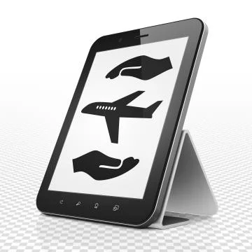 Insurance concept: Tablet Computer with Airplane And Palm on display Ilustración de archivo