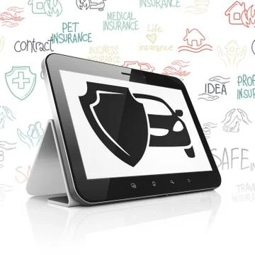 Insurance concept: Tablet Computer with Car And Shield on display Ilustración de archivo