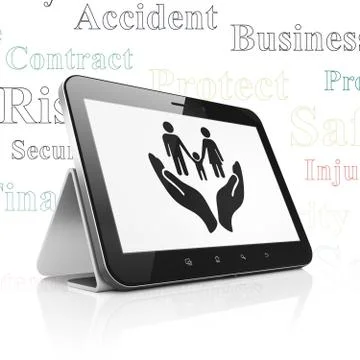 Insurance concept: Tablet Computer with Family And Palm on display Ilustración de archivo