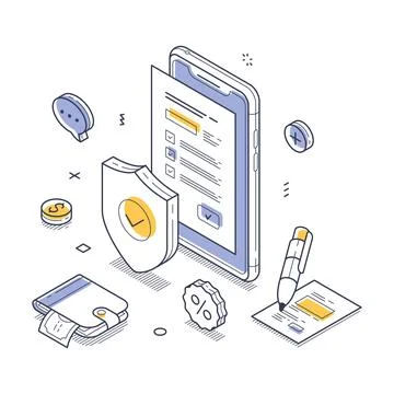 Insurance contract customer user protect guarantee concept isometric line vec Stock Illustration