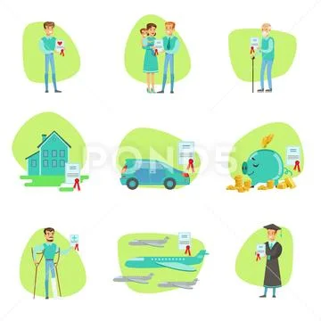 Insurance Contract Protecting Smiling People In Different Complicated Situations Stock Illustration