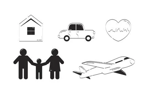 Insurance coverage options doodle linear objects set 스톡 일러스트