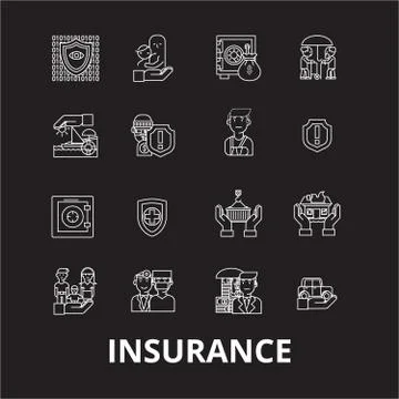 Insurance editable line icons vector set on black background. Insurance white Stock Illustration