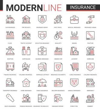 Insurance flat thin red black line icon vector illustration set with outline Stock Illustration