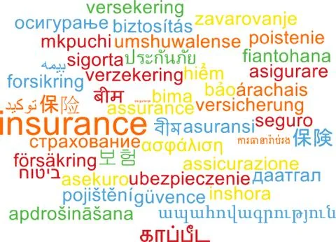 Insurance multilanguage wordcloud background concept Stock Illustration