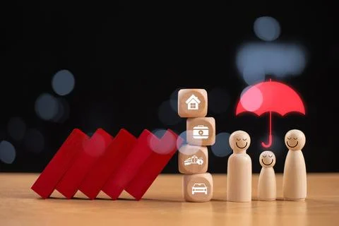 Insurance plan solution concept. Life safety security icon with red umbrella  Stock Photos