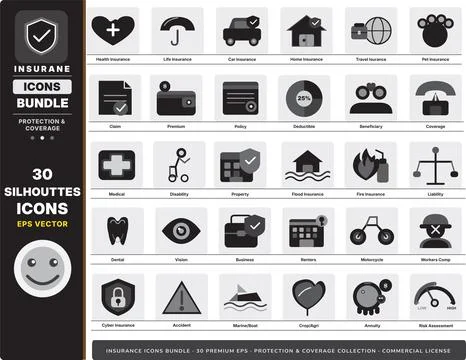 Insurance Protection Silhouettes Bundle Solid Black Safety Security Icons Set Stock Illustration