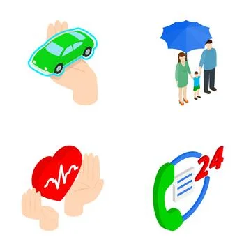 Insurance services isometric concepts including family, car, health, and 24.. Stock Illustration
