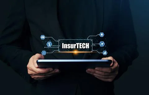 Insurance technology (Insurtech) concept, Hand of business man looking data.. Stock Photos