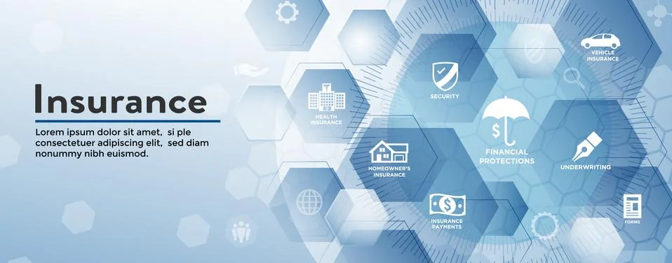 Insurance Web Header Banner that Covers homeowners, medical, life, and vehicl Stock Illustration