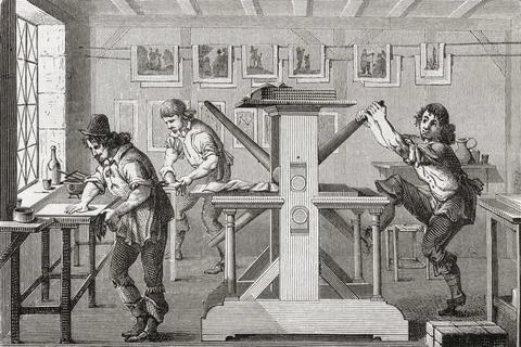 The Intaglio Printer, after a work by A. Bosse.  From Histoire de La Gravure, pu Stock Illustration