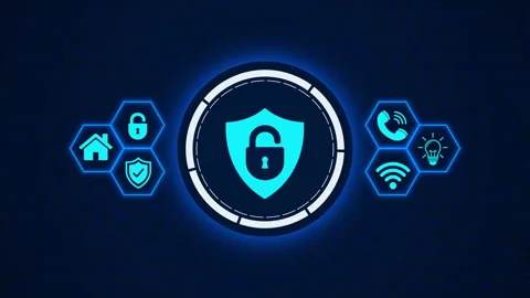 Integrated central glowing shield with lock icon for security Stock Footage 348123925