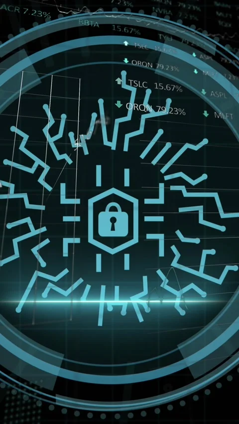 An integrated circuit and padlock in a circle, with the words cyber security on Stock Footage 343028067