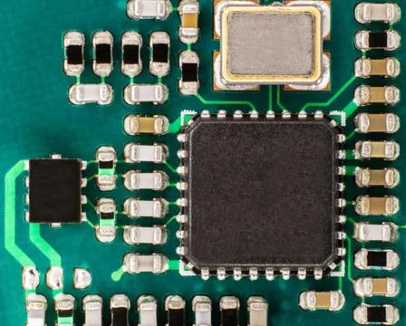 An integrated circuit, on an electrical circuit, connected to other electrica Stock Photos
