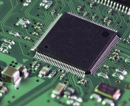 Integrated circuit with a processor chip on computer mainboard 스톡 사진