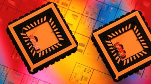 Integrated circuits with covers off showing internal chip. silicon wafer back Stock Footage 20544987