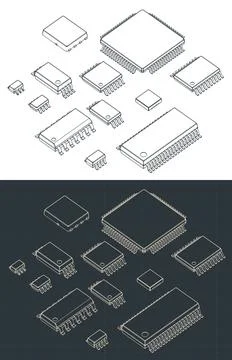 Integrated circuits packages surface mount isometric blueprints Stock Illustration