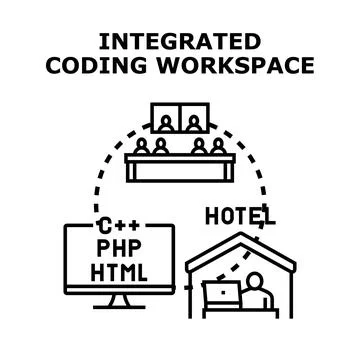 Integrated coding workspace concept combining remote and office work 库存插图