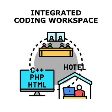 Integrated coding workspace concept combining remote and office work 库存插图