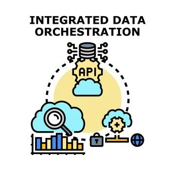Integrated data orchestration connecting cloud platforms and analytics Stock Illustration