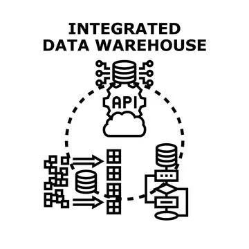 Integrated data warehouse system concept diagramming data flow Stock Illustration