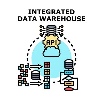 Integrated data warehouse system concept diagramming data flow Illustrazione stock
