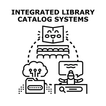 Integrated library catalog systems connecting information and users Stock Illustration