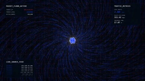Integrated Network Saturation: Deep Blue Packet Flow HUD Video stock 334004053
