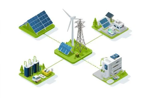 Integrated Renewable Energy System with Wind, Solar, Storage, and Transmissio Stock Illustration