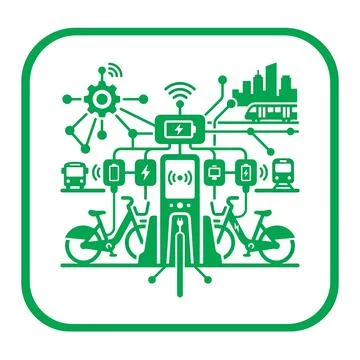 Integrated smart transit network icon showing bikes buses trains and solar .. Stock Illustration