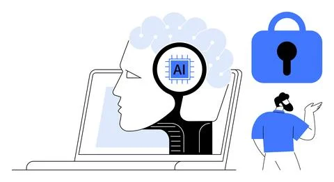 Integration of Artificial Intelligence in Technology with a Focus on Data S.. Stock Illustration